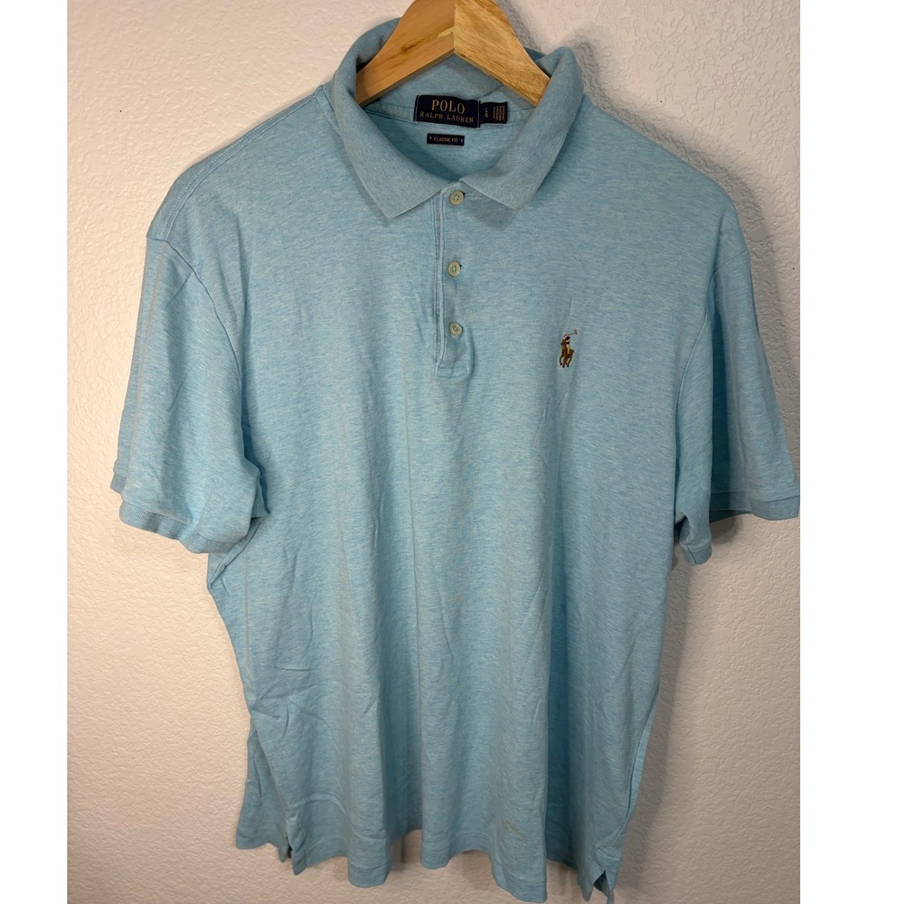 Polo Ralph Lauren Mens Large Blue Heather Classic Fit Short Sleeve Polo Shirt